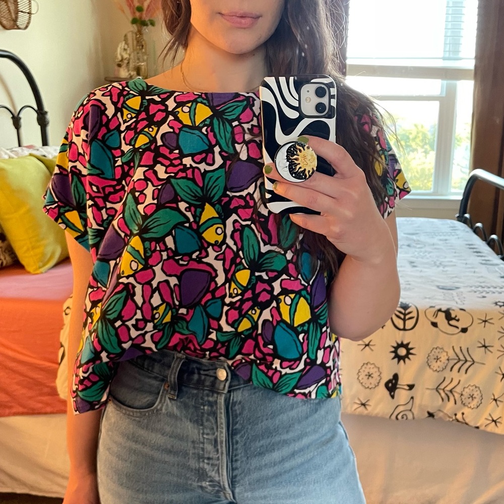 Vintage Handmade 80s 90s Fish Print Knit Dolman Top - Picture 2 of 4